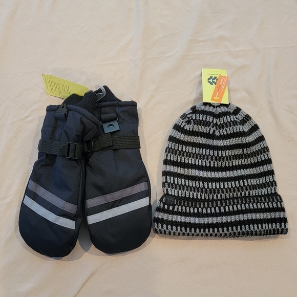 All In Motion Kids Striped Black and Gray Beanie and Mittens Set - Picture 1 of 3